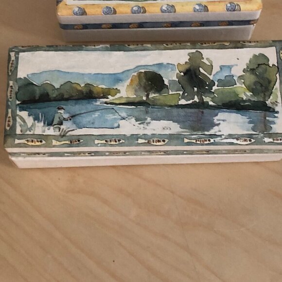 Vintage 1990 Catriona Stewart Golf Fishing Watercolor Painted Boxes - England - Picture 4 of 9